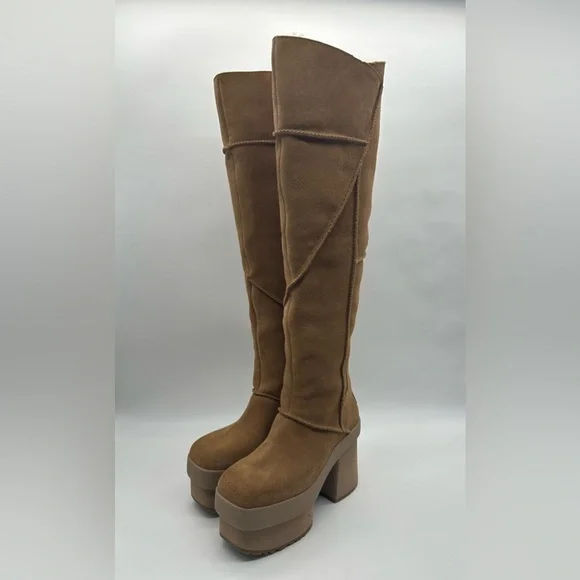 UGG Tall Suede Platform Shearling Lined Chunky Heel Boots Brown Size 7.5 - Picture 3 of 12